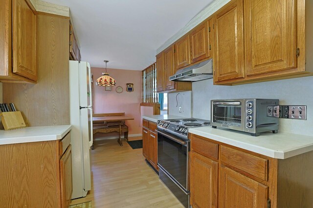 328 Willis Ave, Hawthorne, NY 10532 - kitchen featuring under cabinet range hood, range with electric cooktop, freestanding refrigerator, light wood finished floors, and brown cabinets