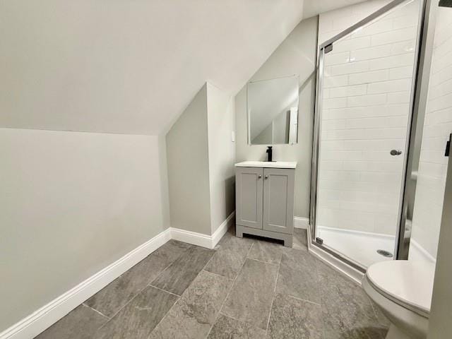 49 Heston Rd, Shirley, NY 11967 - bathroom featuring vaulted ceiling, vanity, and a stall shower