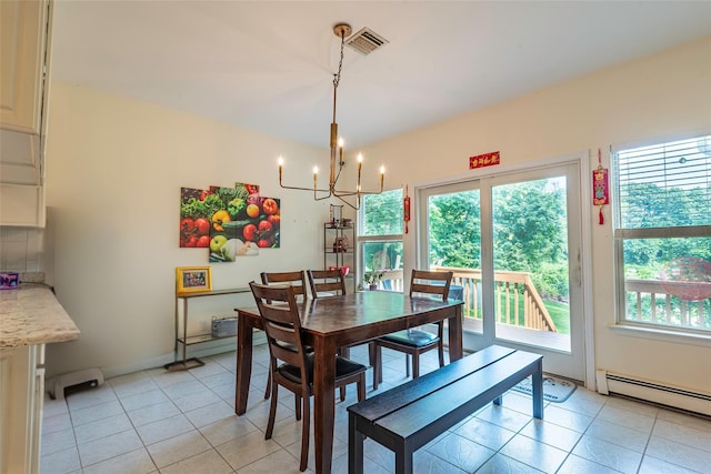 53 Vista Hill Rd, Great Neck, NY 11021 - dining room with a chandelier, light tile patterned floors, and a baseboard radiator