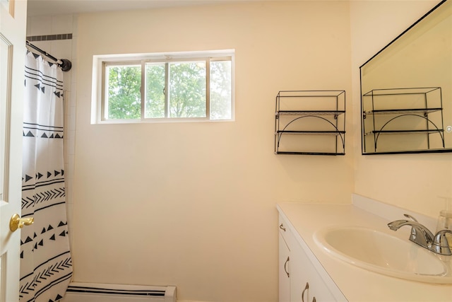 53 Vista Hill Rd, Great Neck, NY 11021 - full bathroom with baseboard heating, vanity, and curtained shower