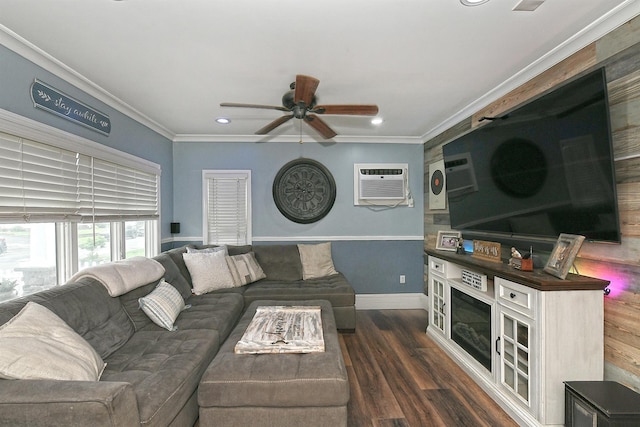 250 33rd St, Lindenhurst, NY 11757 - living area with a wall mounted air conditioner, a ceiling fan, crown molding, dark wood-style flooring, and recessed lighting