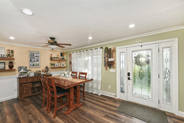 250 33rd St, Lindenhurst, NY 11757 - dining room featuring healthy amount of natural light, dark wood-style floors, ornamental molding, a ceiling fan, and recessed lighting