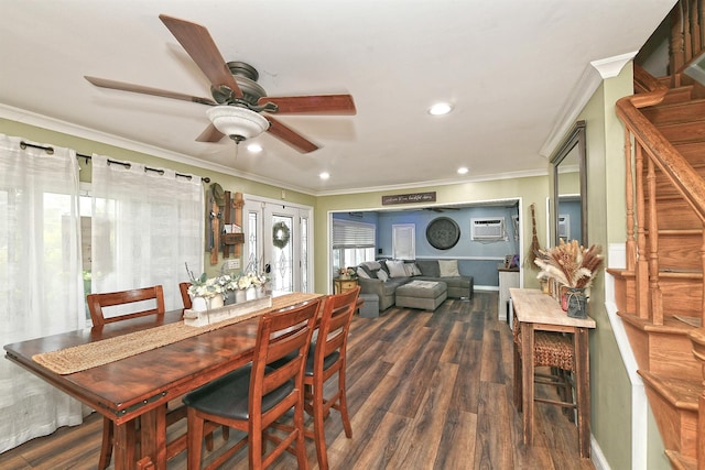 250 33rd St, Lindenhurst, NY 11757 - dining space featuring ornamental molding, ceiling fan, dark wood-style floors, and recessed lighting