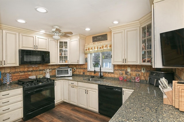 250 33rd St, Lindenhurst, NY 11757 - kitchen featuring black appliances, backsplash, ceiling fan, and recessed lighting