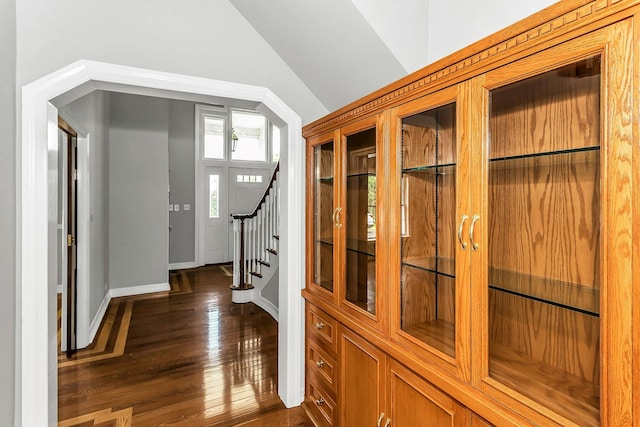 12 Orient Ave, Northport, NY 11768 - foyer entrance featuring lofted ceiling, dark wood-style floors, and stairs