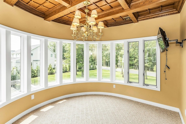 12 Orient Ave, Northport, NY 11768 - unfurnished sunroom featuring a wood ceiling with exposed beams, coffered ceiling, a chandelier, and carpet