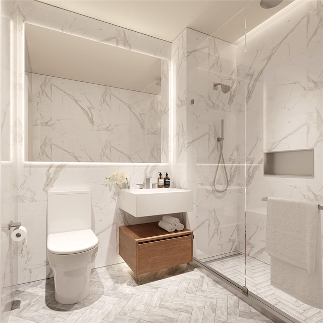 35-32 Leavitt St Ph I, Ph I, Flushing, NY 11354 - bathroom with a marble finish shower, vanity, and tile walls