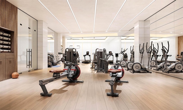35-32 Leavitt St Ph I, Ph I, Flushing, NY 11354 - workout area featuring wood finished floors and a wall of windows