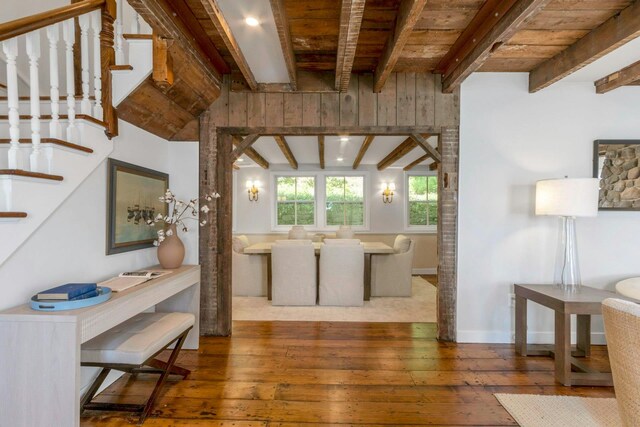 115 River Rd, Nyack, NY 10960 - living room with hardwood / wood-style flooring, stairs, and wood ceiling
