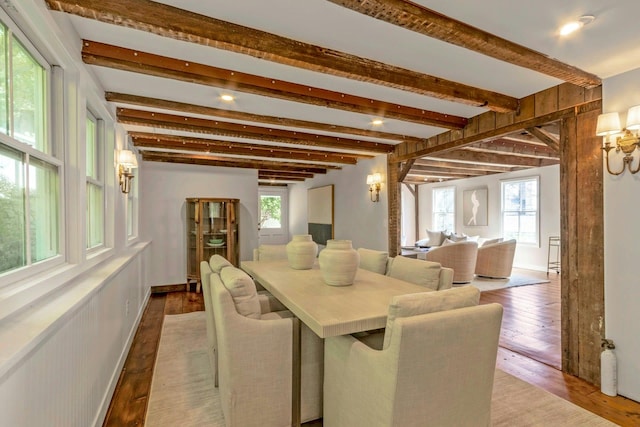 115 River Rd, Nyack, NY 10960 - dining space featuring beamed ceiling, light wood-type flooring, and recessed lighting