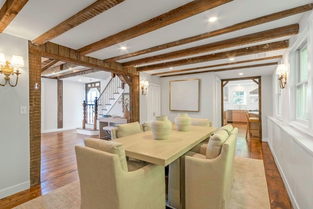 115 River Rd, Nyack, NY 10960 - dining area with stairway, wood finished floors, beamed ceiling, and recessed lighting