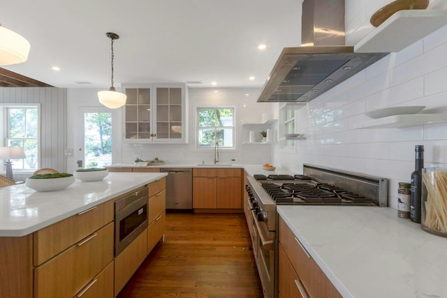 115 River Rd, Nyack, NY 10960 - kitchen featuring island range hood, appliances with stainless steel finishes, decorative backsplash, open shelves, and recessed lighting
