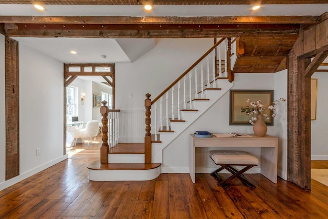 115 River Rd, Nyack, NY 10960 - stairs featuring wood-type flooring and beam ceiling