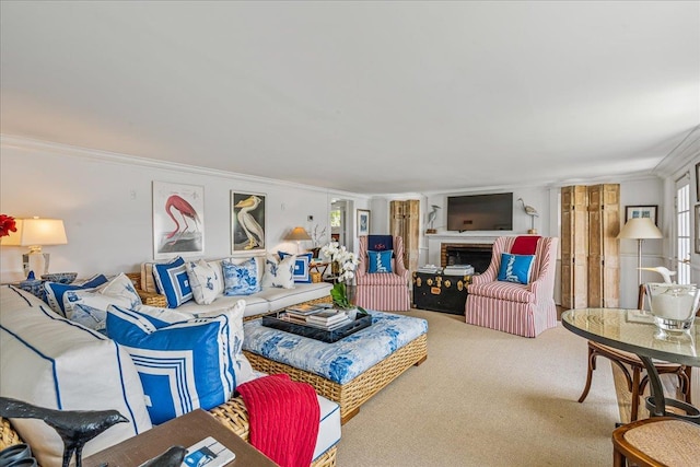 50 Shore Rd, Cold Spring Harbor, NY 11724 - living area with ornamental molding, carpet flooring, and a brick fireplace
