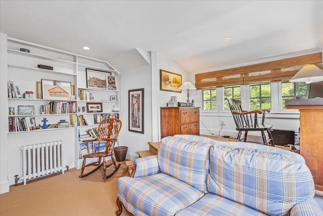 50 Shore Rd, Cold Spring Harbor, NY 11724 - living area with radiator, vaulted ceiling, and carpet flooring