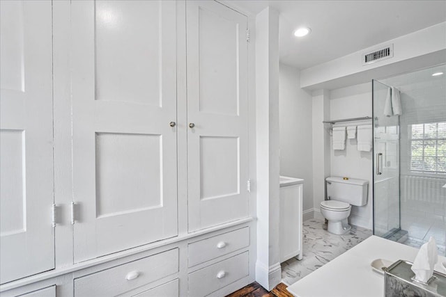 50 Shore Rd, Cold Spring Harbor, NY 11724 - bathroom with marble look tile flooring, a shower stall, and recessed lighting