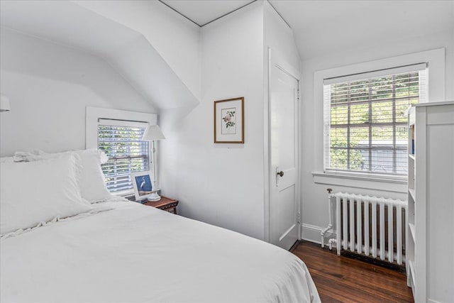 50 Shore Rd, Cold Spring Harbor, NY 11724 - bedroom with radiator heating unit, dark wood-type flooring, and vaulted ceiling