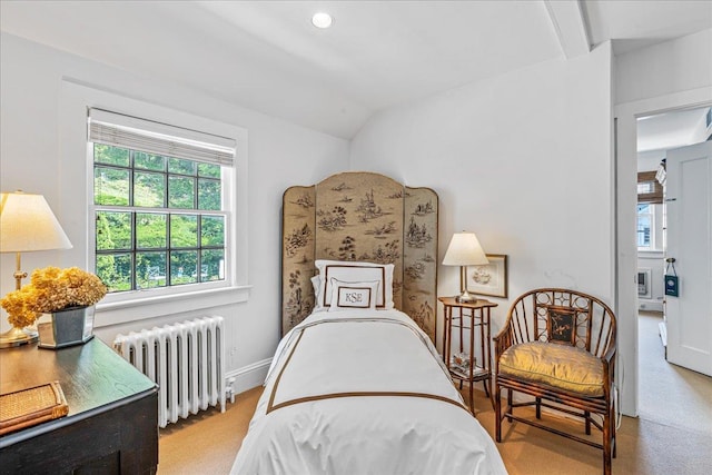 50 Shore Rd, Cold Spring Harbor, NY 11724 - bedroom featuring radiator heating unit, vaulted ceiling, light colored carpet, and recessed lighting