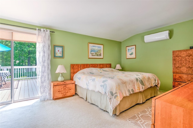 3 Twig Ct, East Setauket, NY 11733 - bedroom featuring a wall mounted air conditioner, access to exterior, carpet floors, and lofted ceiling