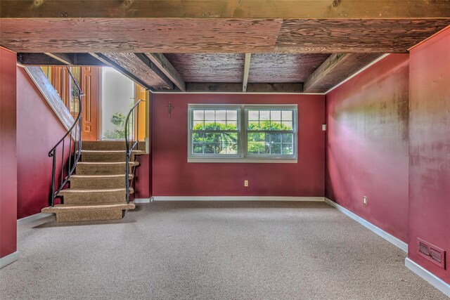 3 Twig Ct, East Setauket, NY 11733 - basement featuring carpet flooring, stairs, and wooden ceiling