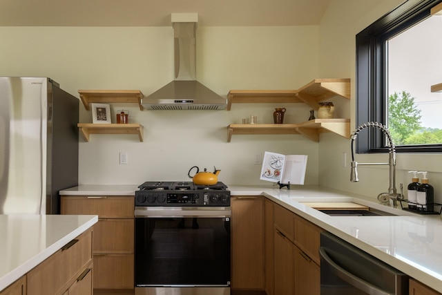 612 Beechwoods Rd, Callicoon, NY 12723 - kitchen featuring stainless steel appliances, wall chimney range hood, open shelves, and light countertops