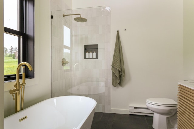612 Beechwoods Rd, Callicoon, NY 12723 - bathroom with a baseboard heating unit, tile patterned flooring, a freestanding tub, and a tile shower