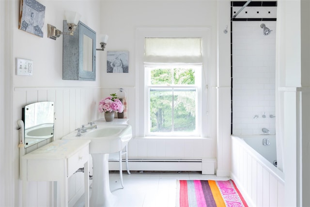 132 Decker Rd, Ancram, NY 12502 - full bathroom with a baseboard radiator, wainscoting, and tiled shower / bath