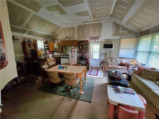 646 Dufton Hollow Rd, Hancock, NY 13783 - dining room featuring lofted ceiling, heating unit, and carpet floors