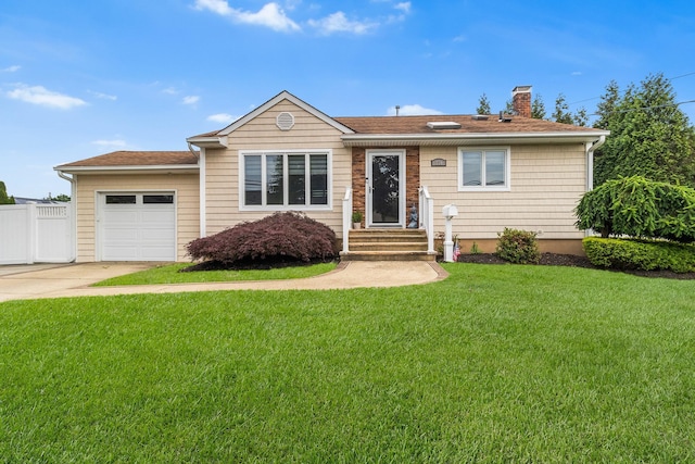 270 Farmers Ave, Lindenhurst, NY 11757 - single story home featuring a chimney, driveway, an attached garage, a shingled roof, and entry steps