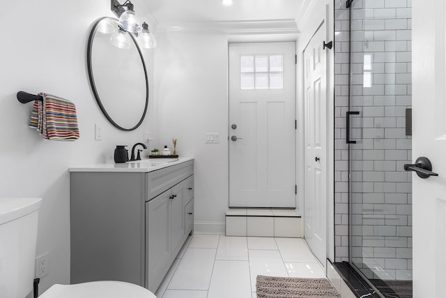 270 Farmers Ave, Lindenhurst, NY 11757 - full bath featuring vanity, a stall shower, tile patterned flooring, and ornamental molding