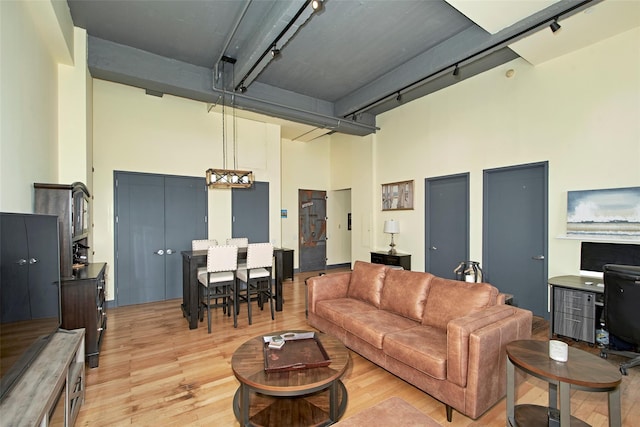 25 Leroy Pl Unit 508, New Rochelle, NY 10805 - living area with rail lighting, a towering ceiling, and light wood-type flooring