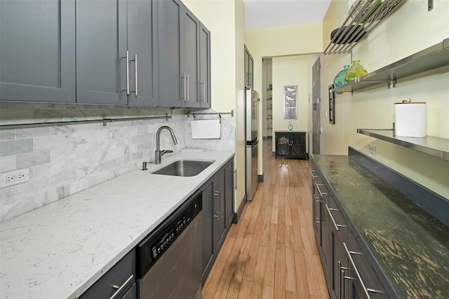 25 Leroy Pl Unit 508, New Rochelle, NY 10805 - kitchen featuring stainless steel dishwasher, light wood finished floors, decorative backsplash, and light stone counters