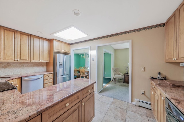 16 Marlin Rd, Centereach, NY 11720 - kitchen with black appliances, a baseboard radiator, light stone counters, tasteful backsplash, and light tile patterned floors