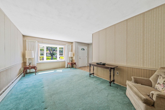 16 Marlin Rd, Centereach, NY 11720 - sitting room with baseboard heating, carpet floors, and wallpapered walls