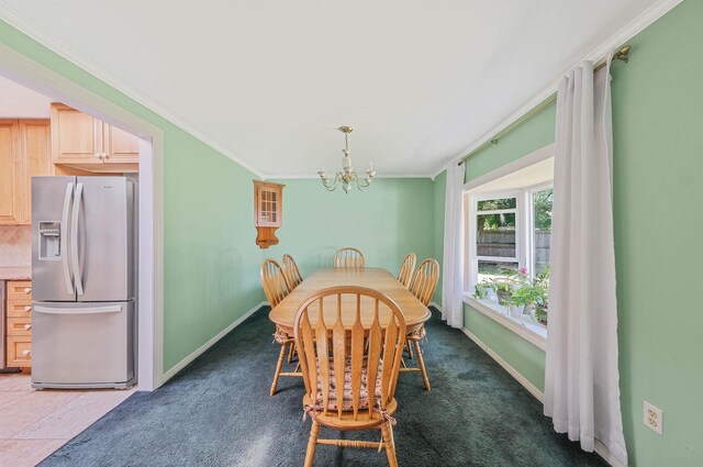16 Marlin Rd, Centereach, NY 11720 - carpeted dining space featuring a chandelier and ornamental molding