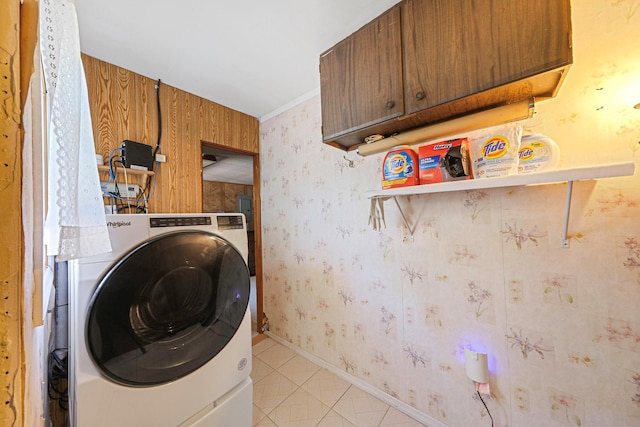 16 Marlin Rd, Centereach, NY 11720 - washroom with washer / dryer, cabinet space, wallpapered walls, light tile patterned floors, and crown molding