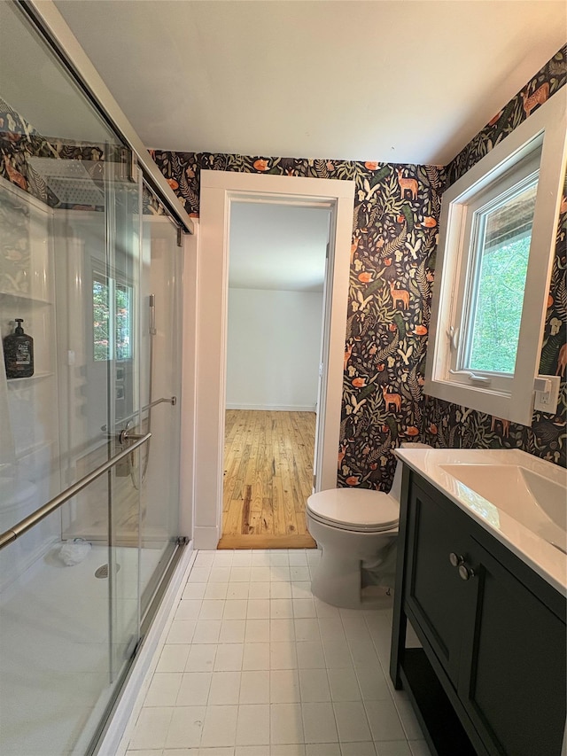 165 Roses Grove Rd, Water Mill, NY 11976 - full bath with wallpapered walls, a stall shower, vanity, and tile patterned flooring