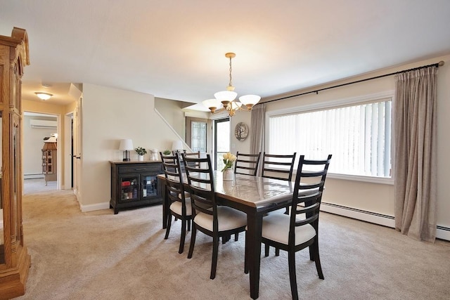 2 Short Hill Rd, New City, NY 10956 - dining space featuring a wall mounted AC, a chandelier, light carpet, baseboard heating, and plenty of natural light