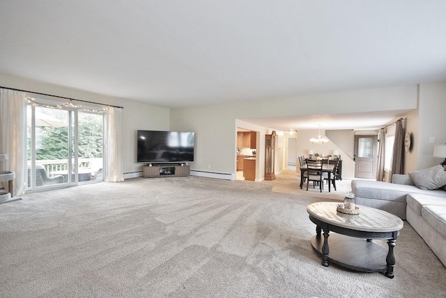 2 Short Hill Rd, New City, NY 10956 - living area with a chandelier, carpet floors, a baseboard radiator, and baseboard heating