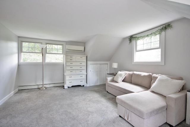 2 Short Hill Rd, New City, NY 10956 - living room featuring a baseboard radiator, an AC wall unit, healthy amount of natural light, carpet, and vaulted ceiling