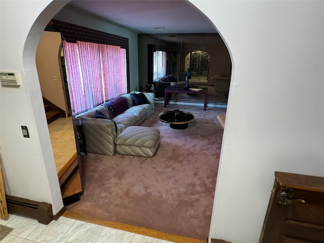 28 Jansen St, Staten Island, NY 10312 - carpeted living area with arched walkways and stairs