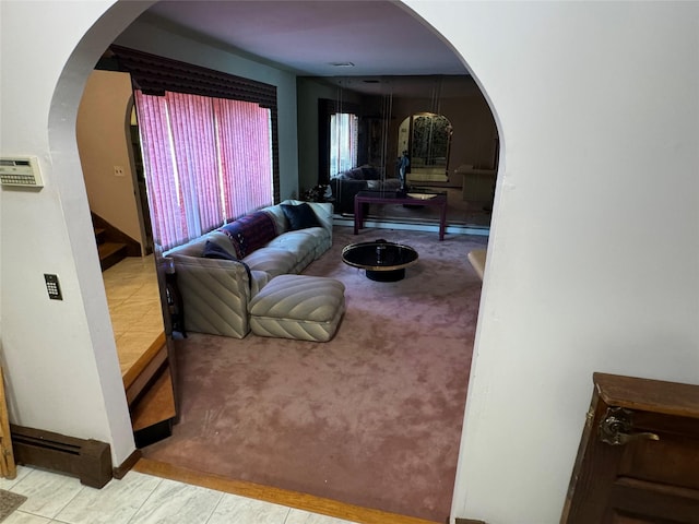 28 Jansen St, Staten Island, NY 10312 - living room with arched walkways, carpet floors, and stairway