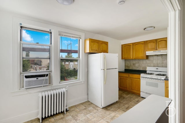 27-12 Ditmars Blvd, Astoria, NY 11105 - kitchen featuring white appliances, radiator heating unit, under cabinet range hood, decorative backsplash, and cooling unit