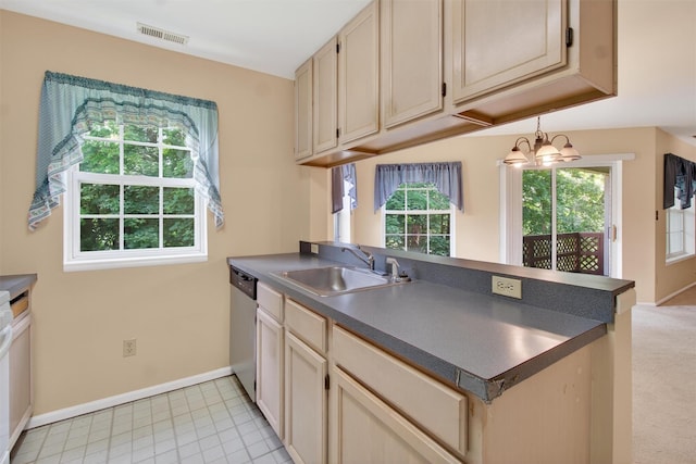 307 Gazebo Ct, New Windsor, NY 12553 - kitchen with dark countertops, dishwasher, a peninsula, and a chandelier