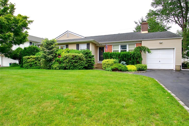 59 Russell Rd, Garden City, NY 11530 - single story home featuring a chimney, an attached garage, asphalt driveway, and a front yard