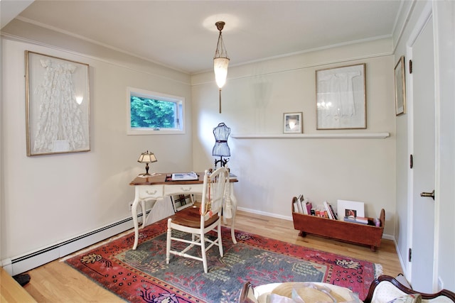 59 Russell Rd, Garden City, NY 11530 - home office featuring wood finished floors, crown molding, and a baseboard heating unit