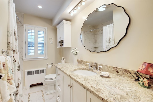 59 Russell Rd, Garden City, NY 11530 - bathroom with radiator, vanity, marble finish flooring, curtained shower, and recessed lighting