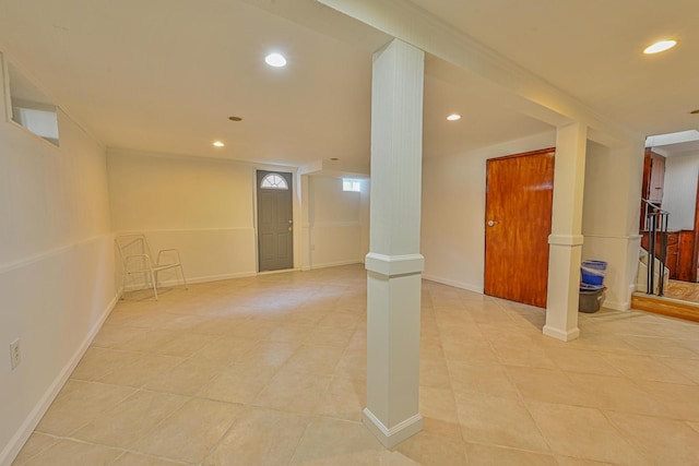 202 Roosevelt Ave, Valley Stream, NY 11581 - below grade area with recessed lighting, light tile patterned floors, and stairway