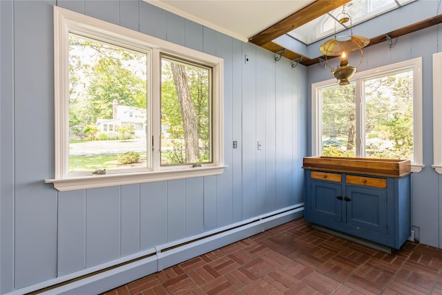 509 Hudson View Rd, Nyack, NY 10960 - sunroom with a baseboard heating unit, plenty of natural light, a skylight, and beamed ceiling