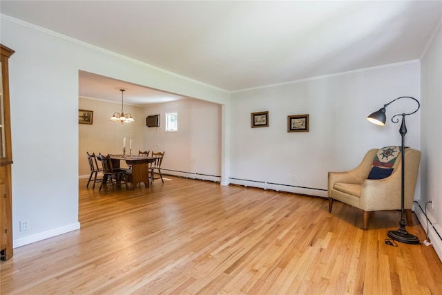 509 Hudson View Rd, Nyack, NY 10960 - living area featuring light wood-type flooring, a chandelier, ornamental molding, a baseboard heating unit, and a wall unit AC